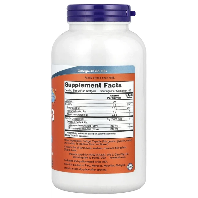 Омега-3 Now Foods (Omega-3 180 EPA/120 DHA) 200 капсул з риб'ячого желатину (NOW-01648) - Фото 2 Омега-3 Now Foods (Omega-3 180 EPA/120 DHA) 200 капсул з риб'ячого желатину (NOW-01648) - изображение 2