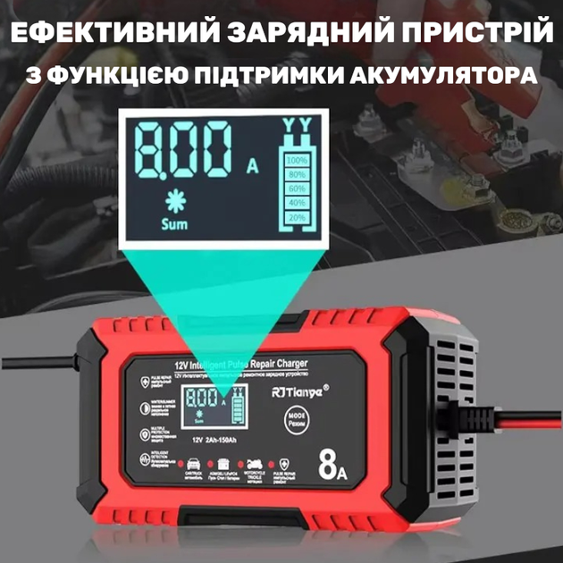 Умное зарядное устройство RJ Tianye 12V 8A для свинцово-кислотных и LiFePO4 аккумуляторов с функцией восстановления (оранжевый) - изображение 5