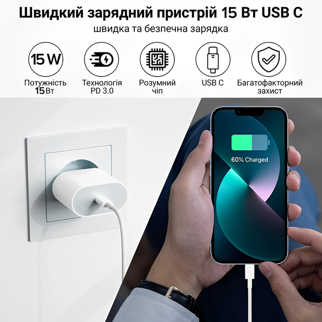 Быстрая зарядка для iPhone iPad 15W USB-C Сетевое зарядное устройство зарядный блок Kayfovo S15W White - Фото 3 Быстрая зарядка для iPhone iPad 15W USB-C Сетевое зарядное устройство зарядный блок Kayfovo S15W White - изображение 3