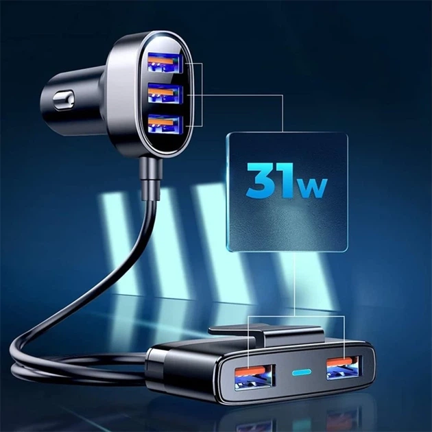 Автомобильное зарядное устройство Joyroom 5x USB-A with Extension Cable 6.2A Black (JR-CL03) - Фото 3 Автомобильное зарядное устройство Joyroom 5x USB-A with Extension Cable 6.2A Black (JR-CL03) - изображение 3