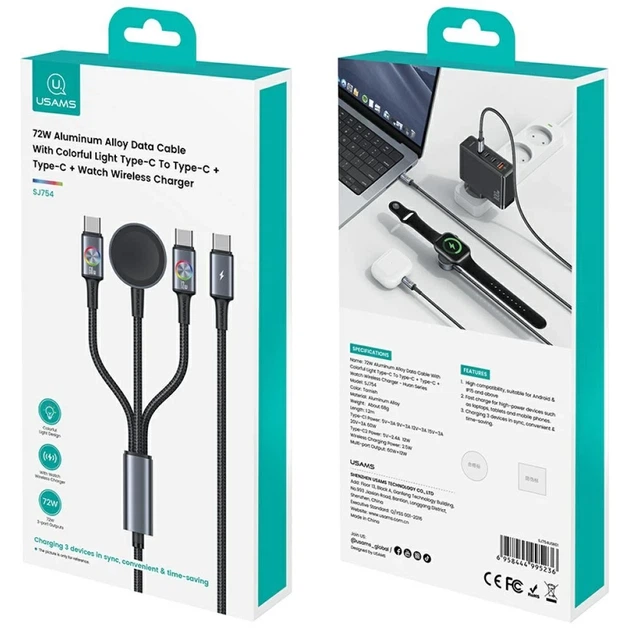 Kabel Usams Huan Series USB‑C to USB‑C dla zegarka 72W 1.2 m Tarnish (6958444995236) - obraz 4