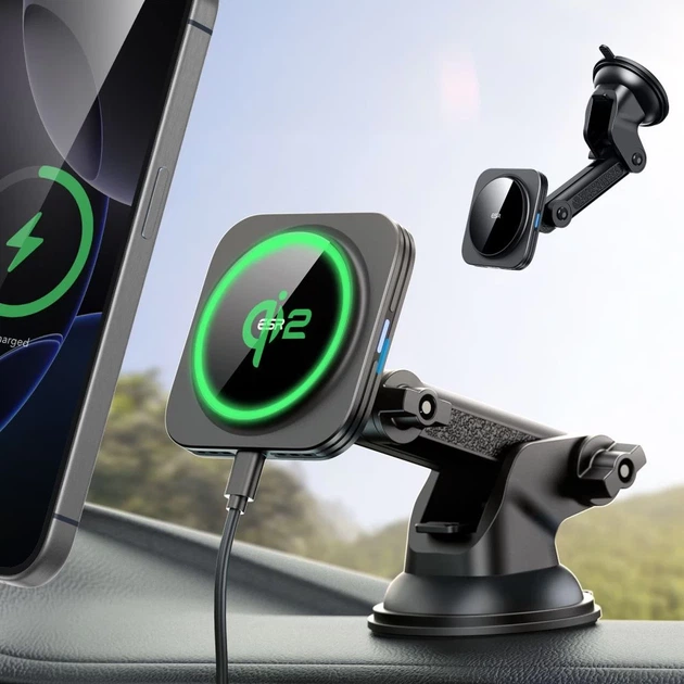 Автодержатель с функцией беспроводной зарядки ESR Magnetic Dashboard Car Mount Wireless Charger Qi2 15W Black with MagSafe (4894240210963) - изображение 4