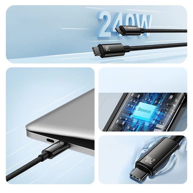 Кабель Baseus Tungsten Gold USB-C to USB-C QC PD 3.1 480Mb/s 240W 3 m Black (CAWJ040201) - изображение 8