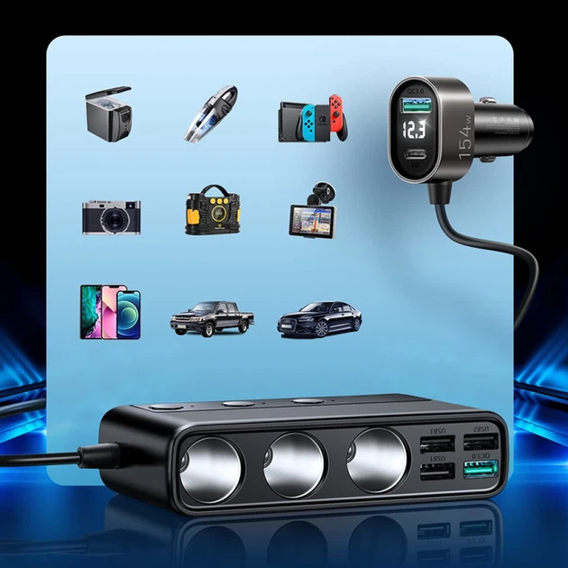 Автомобильное зарядное устройство Joyroom 9-in-1 5x USB-A/USB-C/3x Cigarette Lighter Socket 154W Black (JR-CL06) - изображение 3