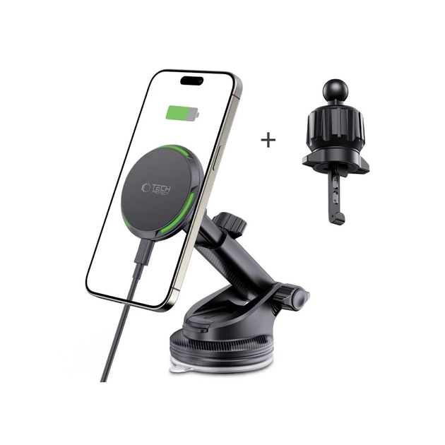 Автодержатель с функцией беспроводной зарядки Tech-Protect MM15W-V7 QI2 Magnetic Dashboard & Vent Car Mount Wireless Charger 15W Black with MagSafe (5 - изображение 2