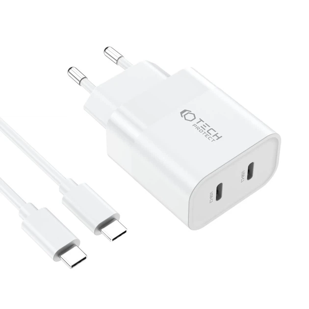 Мережевий зарядний пристрій Tech-Protect 20W 2xUSB-C with USB-C to USB-C Cable 1m White (9319456607291) - зображення 3