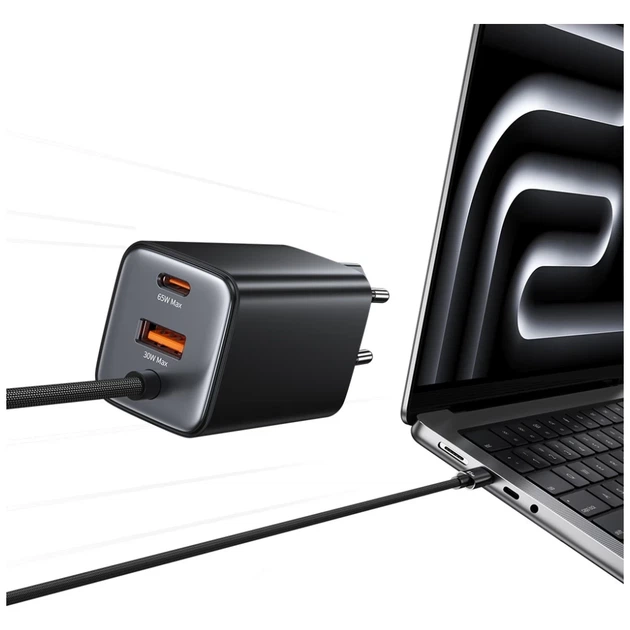 Сетевое зарядное устройство Usams JC Series PD/QC 65W USB-C | USB-A with Built-In USB-C Cable Black (CC266TC01) - Фото 3 Сетевое зарядное устройство Usams JC Series PD/QC 65W USB-C | USB-A with Built-In USB-C Cable Black (CC266TC01) - изображение 3