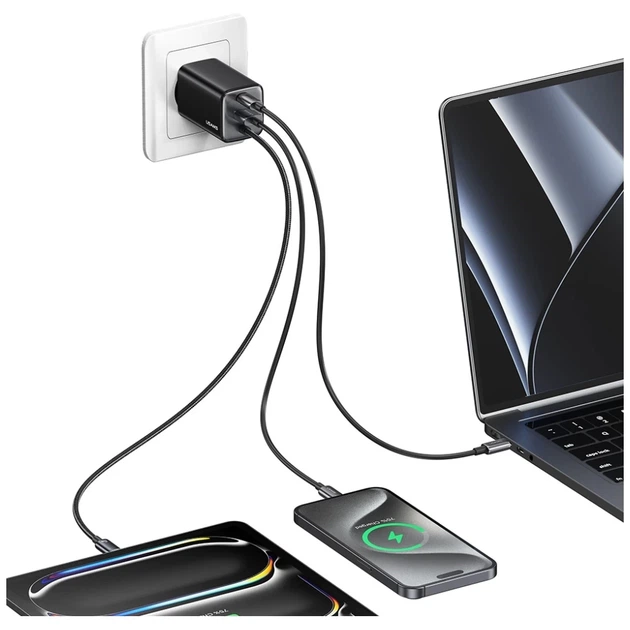 Сетевое зарядное устройство Usams JC Series PD/QC 65W USB-C | USB-A with Built-In USB-C Cable Black (CC266TC01) - Фото 5 Сетевое зарядное устройство Usams JC Series PD/QC 65W USB-C | USB-A with Built-In USB-C Cable Black (CC266TC01) - изображение 5