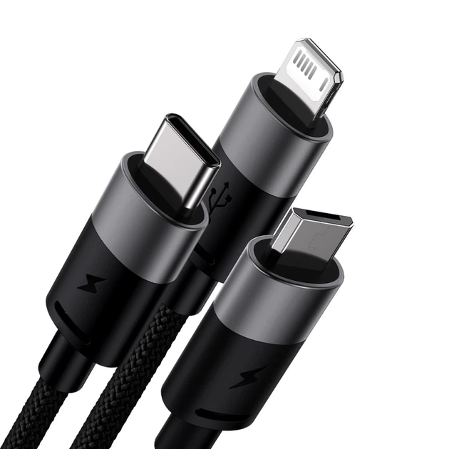 Кабель Baseus StarSpeed 3-in-1 USB-A to USB-C/Lightning/microUSB 1.2 m Black (CAXS000001) - Фото 2 Кабель Baseus StarSpeed 3-in-1 USB-A to USB-C/Lightning/microUSB 1.2 m Black (CAXS000001) - изображение 2