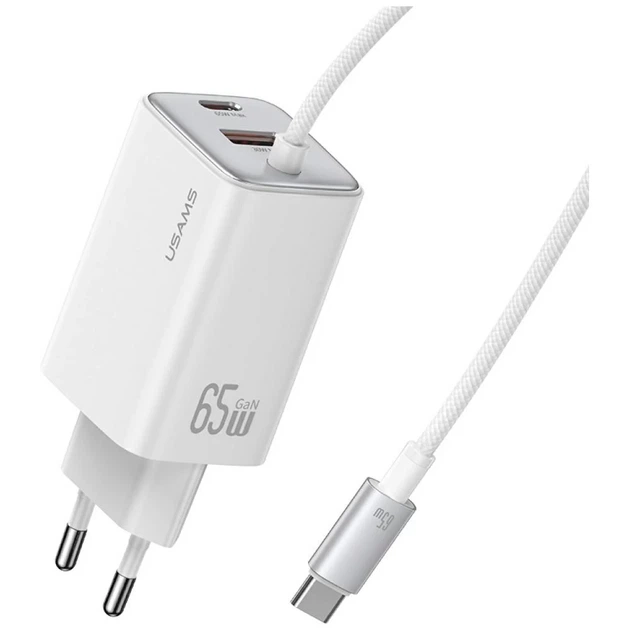 Сетевое зарядное устройство Usams JC Series PD/QC 65W USB-C | USB-A with Built-In USB-C Cable White (CC266TC02) - Фото 1 Сетевое зарядное устройство Usams JC Series PD/QC 65W USB-C | USB-A with Built-In USB-C Cable White (CC266TC02) - изображение 1