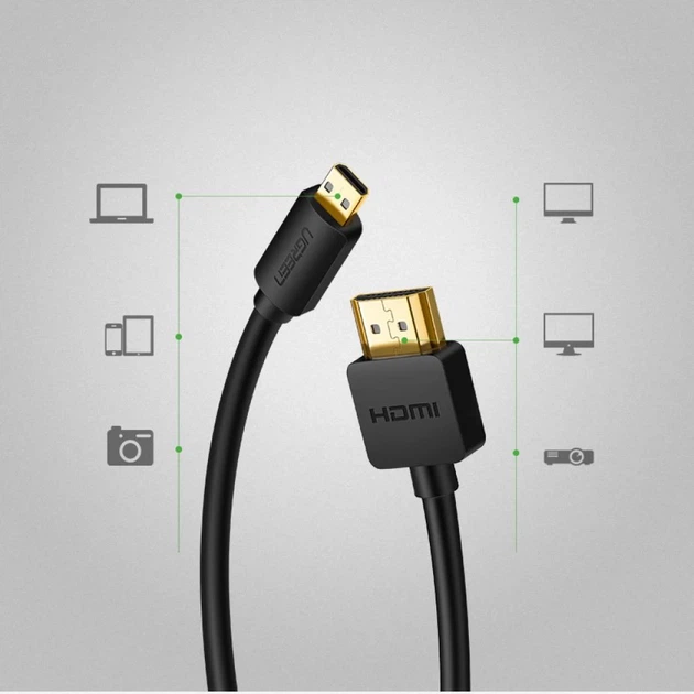 Кабель Ugreen HDMI to micro HDMI 19pin 2.0v 4K 60Hz 30AWG 1.5m Black (UGR568) - Фото 9 Кабель Ugreen HDMI to micro HDMI 19pin 2.0v 4K 60Hz 30AWG 1.5m Black (UGR568) - зображення 9