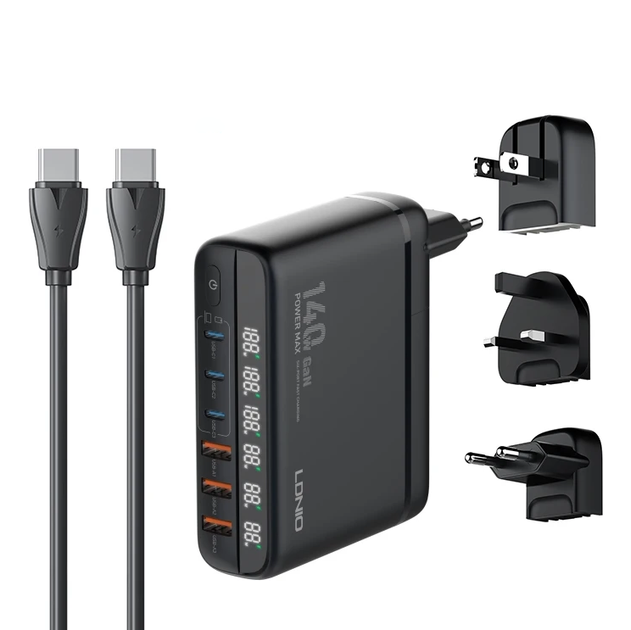 Сетевое зарядное устройство LDNIO A6140C с LED дисплеем 3 x USB, 3 x Type-C, технология GaN,PD3.0 140W/QC4.0 Черный - изображение 2