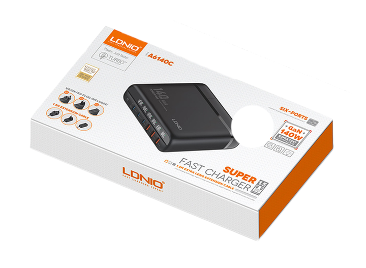 Сетевое зарядное устройство LDNIO A6140C с LED дисплеем 3 x USB, 3 x Type-C, технология GaN,PD3.0 140W/QC4.0 Черный - изображение 6