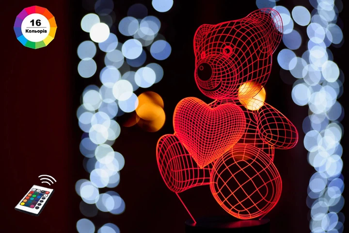 3D ночник подарочная ночная LED лампа светодиодный светильник Мишка с сердцем с пультом ДУ 16 цветов адаптером на usb батарейках из акрила для дома спальни детской оригинальный романтический подарок девушке жене 3DTOYSLAMP - Фото 1 3D ночник подарочная ночная LED лампа светодиодный светильник Мишка с сердцем с пультом ДУ 16 цветов адаптером на usb батарейках из акрила для дома спальни детской оригинальный романтический подарок девушке жене 3DTOYSLAMP - изображение 1