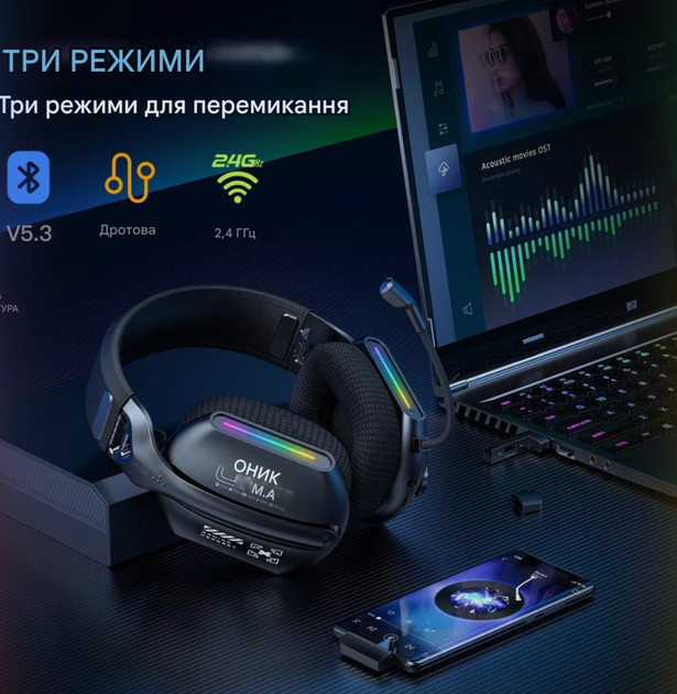 Бездротові ігрові навушники onikuma gt808 Tri-Mode з мікрофоном Bluetooth 5.3, 2.4 GHz, 3.5 мм, чорні - Фото 8 Бездротові ігрові навушники onikuma gt808 Tri-Mode з мікрофоном Bluetooth 5.3, 2.4 GHz, 3.5 мм, чорні - изображение 8