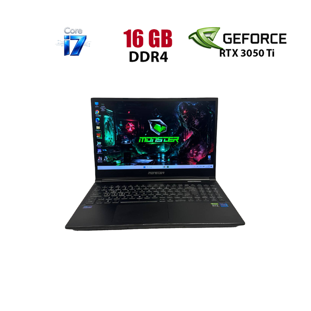 Ігровий ноутбук Monster Abra A5 V18.2 / 15,6" (1920x1080) IPS / Intel Core i7-11800H (8 (16) ядер по 2,3 - 4,6 ГГц) / 16 ГБ DDR4 / 512 ГБ SSD / nVidia GeForce RTX 3050 Ti, 4 ГБ GDDR6, 128-біт / WebCam б/в - Фото 1 Ігровий ноутбук Monster Abra A5 V18.2 / 15,6" (1920x1080) IPS / Intel Core i7-11800H (8 (16) ядер по 2,3 - 4,6 ГГц) / 16 ГБ DDR4 / 512 ГБ SSD / nVidia GeForce RTX 3050 Ti, 4 ГБ GDDR6, 128-біт / WebCam б/в - зображення 1