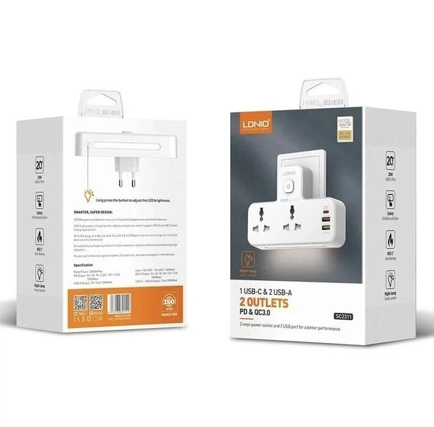 Мережевий перехідник із нічником 20Вт 2USB 1Type-C 2 розетки 100-250V білий LDNIO SC2311 - Фото 5 Мережевий перехідник із нічником 20Вт 2USB 1Type-C 2 розетки 100-250V білий LDNIO SC2311 - зображення 5
