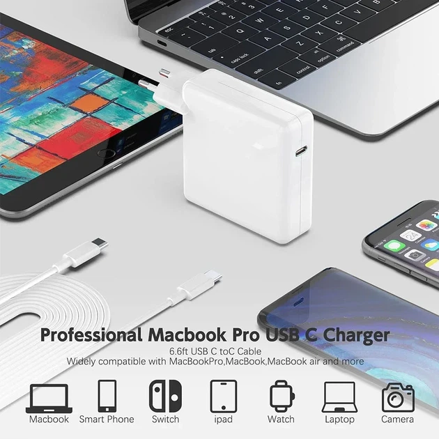 Мережевий зарядний пристрій 87Вт USB-C PD для MacBook білий вогнестійкий полікарбонат 100-240V - Фото 6 Мережевий зарядний пристрій 87Вт USB-C PD для MacBook білий вогнестійкий полікарбонат 100-240V - зображення 6