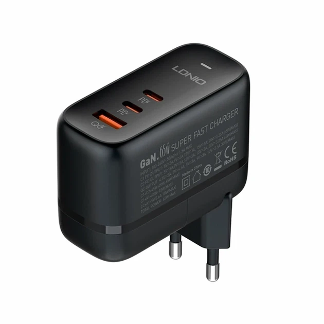 Сетевое зарядное устройство LDNIO Q366 65W 3 USB порта Type-C черный для смартфонов и ноутбуков - Фото 2 Сетевое зарядное устройство LDNIO Q366 65W 3 USB порта Type-C черный для смартфонов и ноутбуков - изображение 2