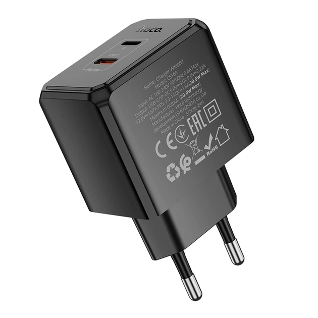 Мережевий зарядний пристрій Hoco CS16A 20W 1USB-C 1Lightning чорний для швидкого заряджання 100-240V - зображення 7