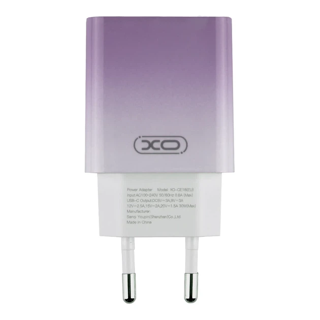 Сетевое зарядное устройство 30W Type-C с кабелем Type-C Lightning фиолетовый XO CE18 - Фото 6 Сетевое зарядное устройство 30W Type-C с кабелем Type-C Lightning фиолетовый XO CE18 - изображение 6