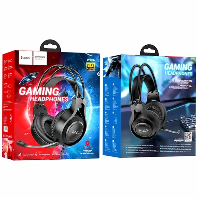 Игровые наушники Hoco W106 Tiger черный 270г с микрофоном и кабелем 1.8м для комфортного погружения в игры - Фото 2 Игровые наушники Hoco W106 Tiger черный 270г с микрофоном и кабелем 1.8м для комфортного погружения в игры - зображення 2