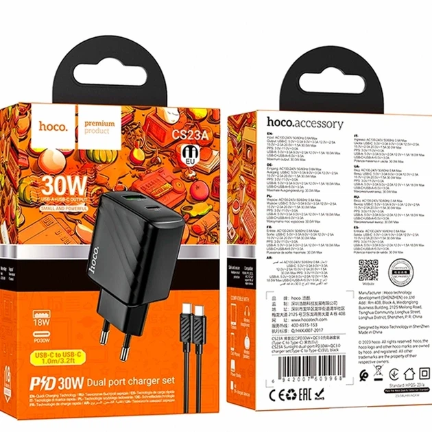 Мережевий зарядний пристрій Hoco CS23A 30Вт 2USB Type-C чорний для смартфонів та планшетів 100-240V - зображення 2