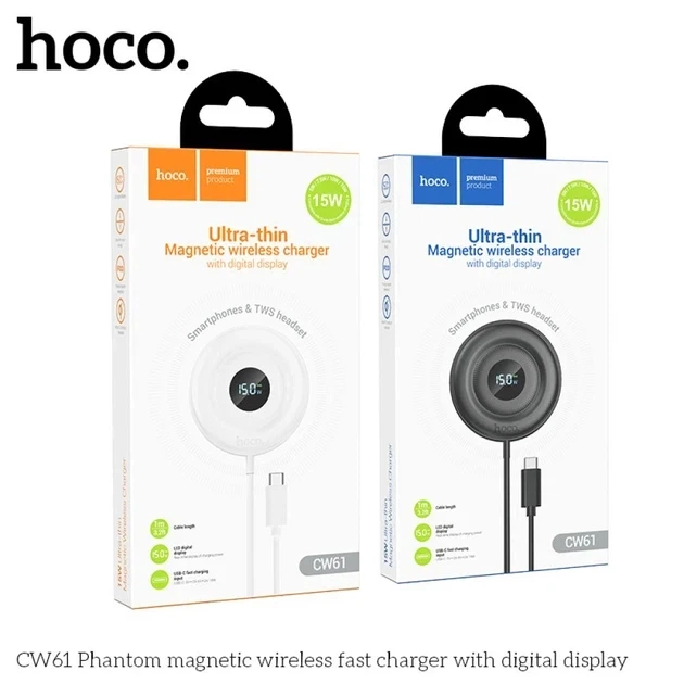 Беспроводное зарядное устройство Hoco CW61 15W магнитное LED дисплей черный ABS пластик Type-C - изображение 7
