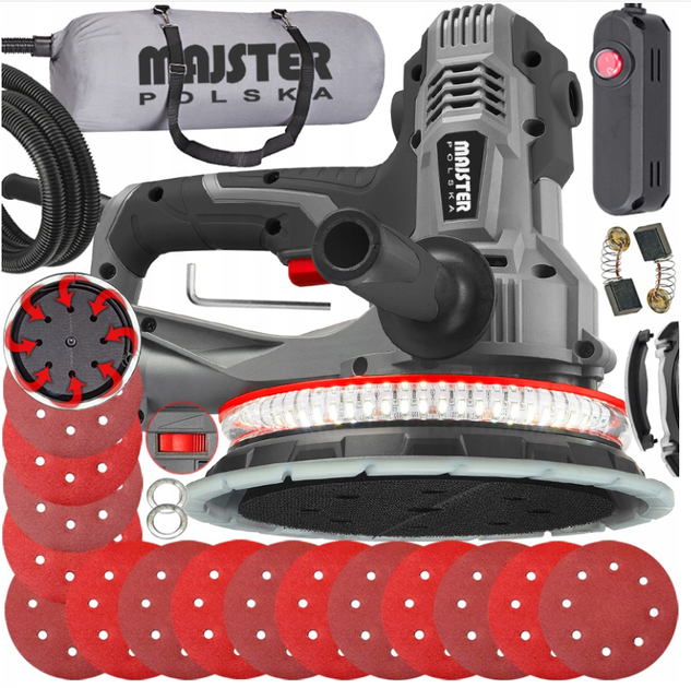 Шліфувальна машина для стін 1450Вт 230 В/50 Гц 180 мм Majster Polska MP-0015 PRO обертанням 1200-2300, з підсвічуванням - Фото 1 Шліфувальна машина для стін 1450Вт 230 В/50 Гц 180 мм Majster Polska MP-0015 PRO обертанням 1200-2300, з підсвічуванням - зображення 1