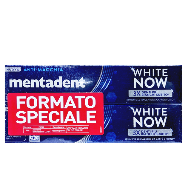 Зубна паста відбілююча MENTADENT dent. white now anti macchia bipack 2x75 мл. - Фото 1 Зубна паста відбілююча MENTADENT dent. white now anti macchia bipack 2x75 мл. - зображення 1
