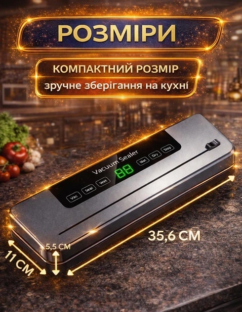 Вакуумний пакувальник для продуктів з LED-дисплеєм та вбудованим різаком для сухих/вологих харчових продуктів 120 Вт FKJ-5100 кухонний+10 пакетів. Сріблястий. - зображення 4