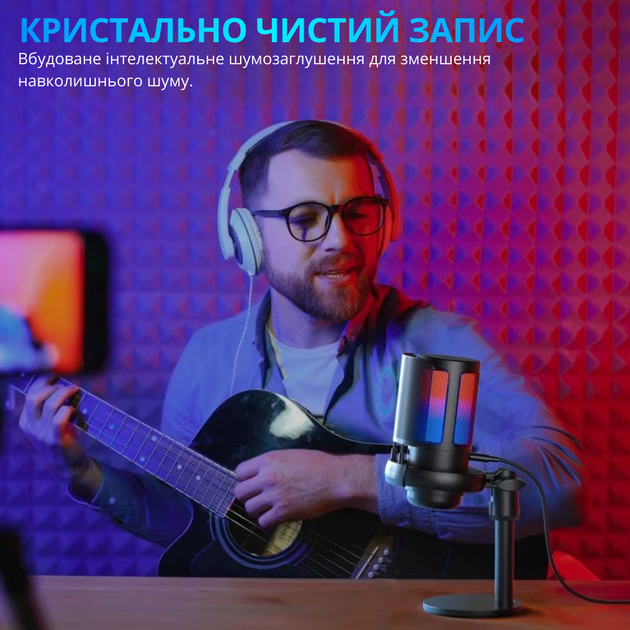 Микрофон для ПК и ноутбука ME6S для стриминга с USB, шумоподавлением, RGB-подсветкой, кардиоидной диаграммой настольный, белый ME6S_white - изображение 8
