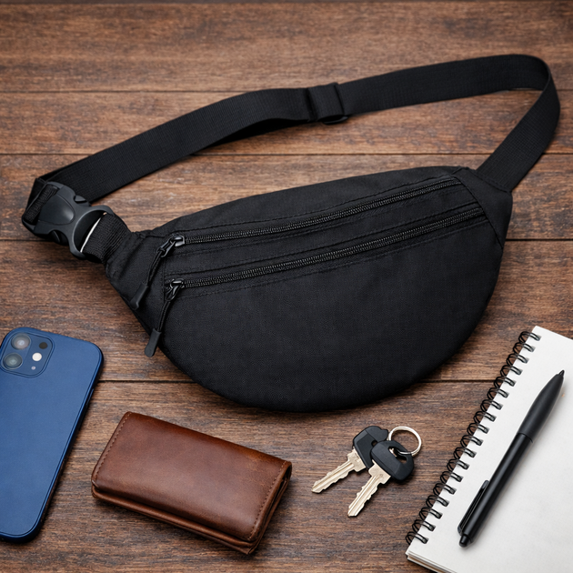 Поясная сумка-бананка Cordura 1000D нагрудная кроссбоди (через плечо/на пояс) черная - изображение 2