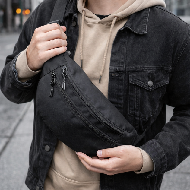 Поясная сумка-бананка Cordura 1000D нагрудная кроссбоди (через плечо/на пояс) черная - изображение 8