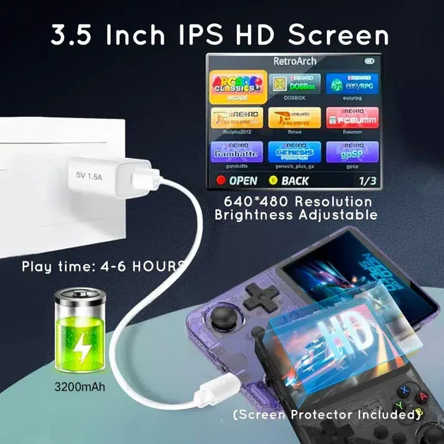 Портативная ретро игровая консоль R36S 3.5" IPS, 3500mAh, 10000+ игр, поддержка NES/SNES/PS1/GBA, портативная приставка (фиолетова - изображение 4