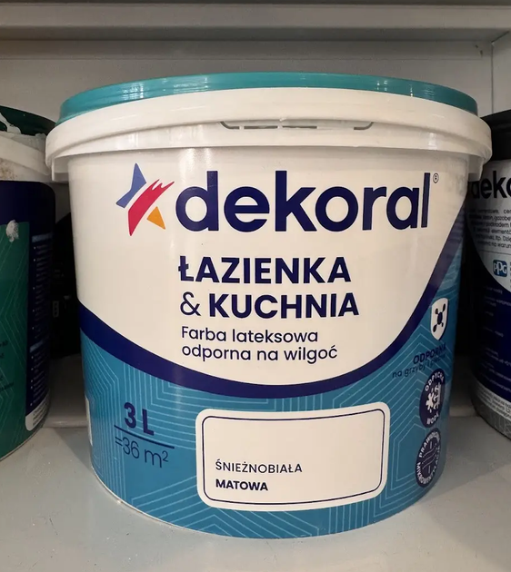 Фарба DEKORAL LAZENKA&KUCHNIA, сніжно-біла, 3 л - Фото 2 Фарба DEKORAL LAZENKA&KUCHNIA, сніжно-біла, 3 л - изображение 2