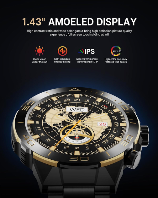 Чоловічий розумний годинник SOUYIE SM-7 Чорний смарт годинник з AMOLED екраном та дзвінками Bluetooth 2 ремінці в комплекті - Фото 5 Чоловічий розумний годинник SOUYIE SM-7 Чорний смарт годинник з AMOLED екраном та дзвінками Bluetooth 2 ремінці в комплекті - зображення 5