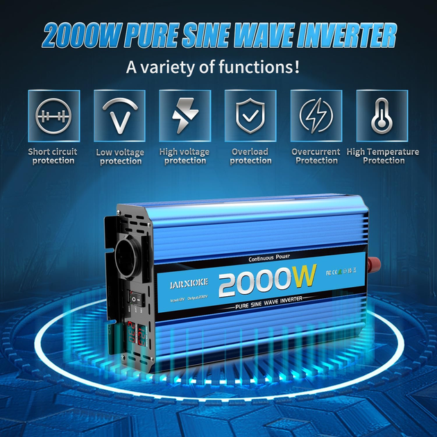 Инвертор 2200W с чистой синусоидой 2000W, преобразователь напряжения 12В - 230В с 2 розетками переменного тока, USB портами - изображение 2
