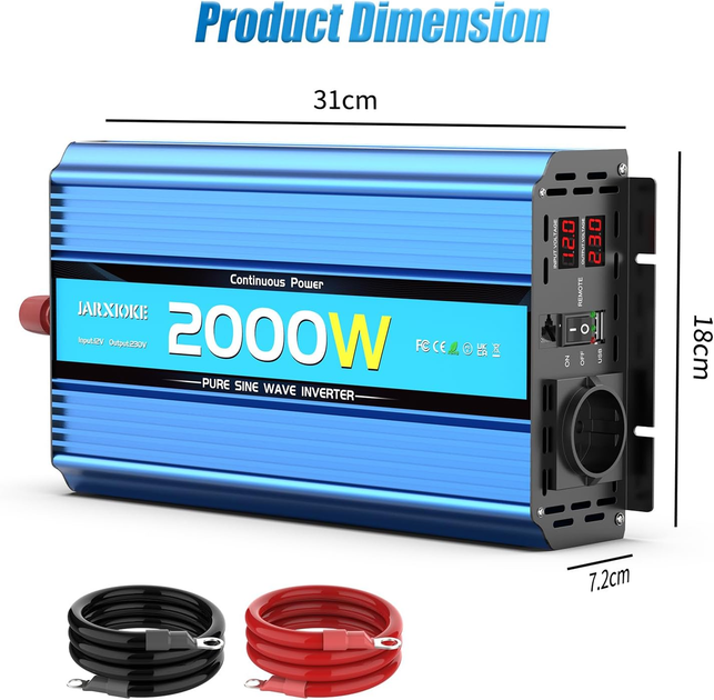 Инвертор 2200W с чистой синусоидой 2000W, преобразователь напряжения 12В - 230В с 2 розетками переменного тока, USB портами - изображение 7