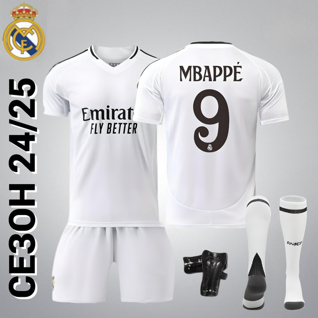 Футбольна дитяча форма Real Madrid Mbappe (Мбапе) 9 сезон 24/25 з гетрами (розмір 34-38) та щитками розмір 20 ріст 120-127 см біла - Фото 1 Футбольна дитяча форма Real Madrid Mbappe (Мбапе) 9 сезон 24/25 з гетрами (розмір 34-38) та щитками розмір 20 ріст 120-127 см біла - зображення 1
