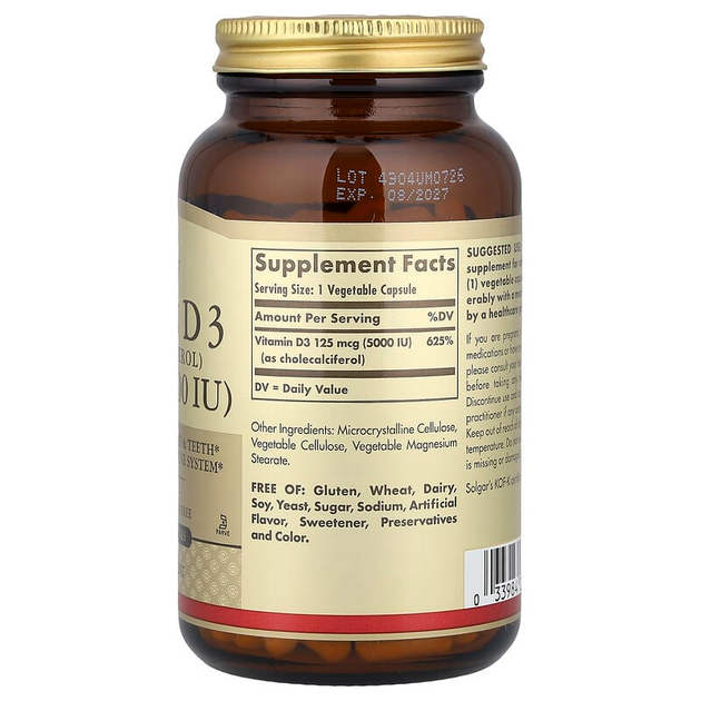 Витамин D3 SOLGAR "Vitamin D3 (Cholecalciferol)" холекальциферол, 5000 МЕ (240 капсул) - изображение 2