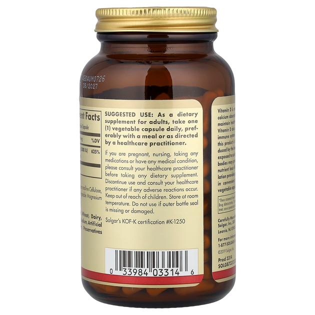 Витамин D3 SOLGAR "Vitamin D3 (Cholecalciferol)" холекальциферол, 5000 МЕ (240 капсул) - изображение 3