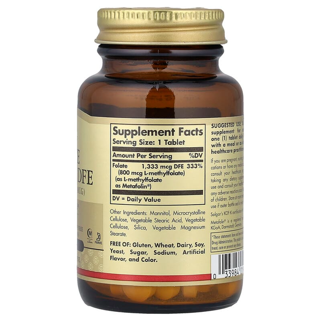 Фолат SOLGAR "Folate as Metafolin" вітамін B9 у вигляді метафолина, 1333 мкг (100 таблеток) - зображення 2