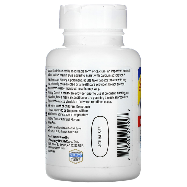 Цитрат кальция 21st Century "Calcium Citrate Maximum + D3" с витамином Д3, 630 мг / 500 МЕ (75 таблеток) - изображение 3
