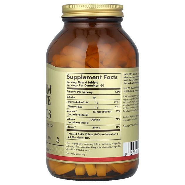 Цитрат кальция SOLGAR "Calcium Citrate with Vitamin D3" с витамином D3, 1000 мг / 600 МЕ (240 таблеток) - изображение 2