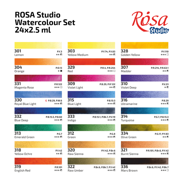 Акварель художня в наборі Rosa Studio, 24 кольори по 2,5 мл., кювети, картонний пенал, (3405002) - Фото 5 Акварель художня в наборі Rosa Studio, 24 кольори по 2,5 мл., кювети, картонний пенал, (3405002) - зображення 5