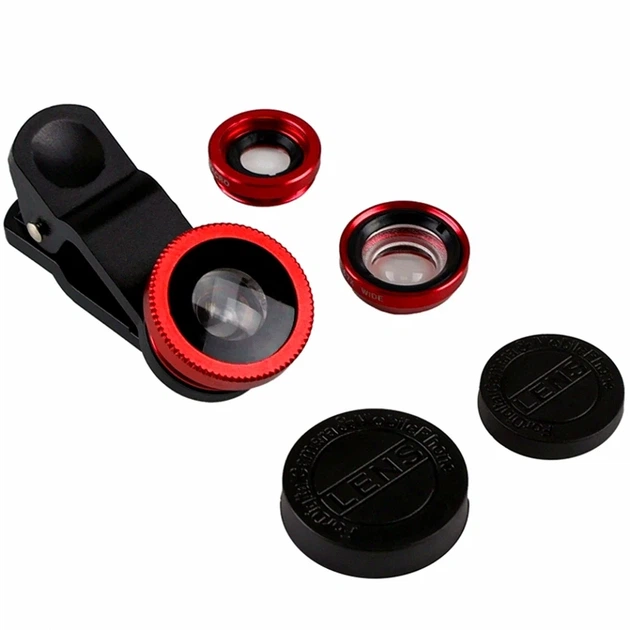 Об'єктив лінза Риб'яче Око 3 в 1 з ширококутним макрооб'єктивом чорно-червоний алюмінієвий сплав - Фото 1 Об'єктив лінза Риб'яче Око 3 в 1 з ширококутним макрооб'єктивом чорно-червоний алюмінієвий сплав - зображення 1