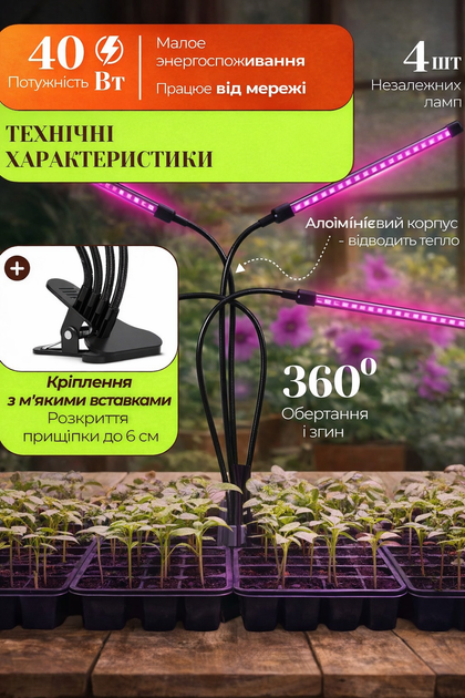 Світлодіодна фітолампа для рослин 40W з таймером, 4 гнучкі LED головки, USB живлення, кліпса-прищіпка, регулювання яскравості, лампа для розсади та кімнатних рослин - Фото 3 Світлодіодна фітолампа для рослин 40W з таймером, 4 гнучкі LED головки, USB живлення, кліпса-прищіпка, регулювання яскравості, лампа для розсади та кімнатних рослин - зображення 3