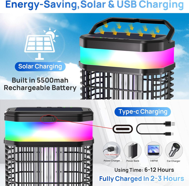 Солнечный уничтожитель насекомых Solar Bug Zapper OSFK-01 4000В с аккумулятором 5500мАч черный для улицы - изображение 3