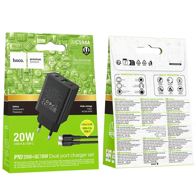 Мережевий зарядний пристрій Hoco CS94A Leader PD20W+QC3.0 (1USB-A/1C) + кабель Type-C to Type-C Black - Фото 5 Мережевий зарядний пристрій Hoco CS94A Leader PD20W+QC3.0 (1USB-A/1C) + кабель Type-C to Type-C Black - изображение 5